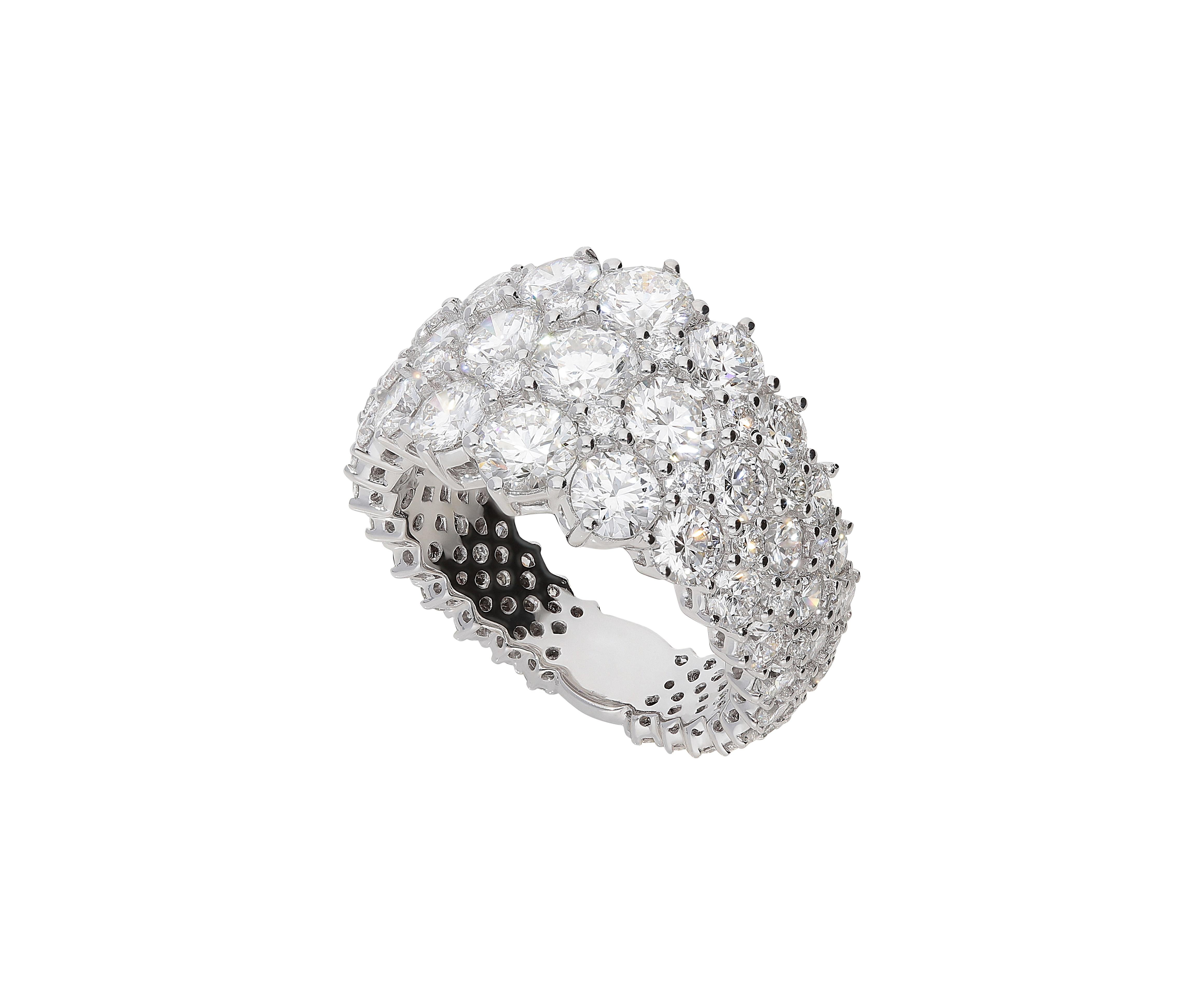 Contemporary 6.48 Carat White GSI Diamond 18 Karat White Gold Cluster Band Ring For Sale