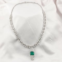 6.48 Ct Zambian Emerald 15.54 Ct Diamond Double Strand Necklace 18K White Gold