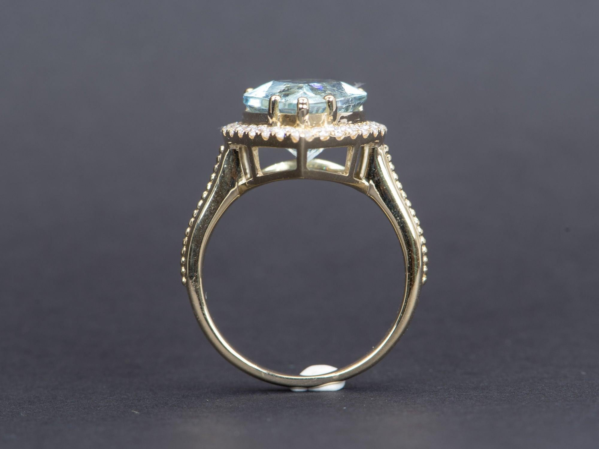 6.48ct Statement Galaxy Aquamarine with Moissanite Halo 9K Gold Ring In New Condition For Sale In Osprey, FL