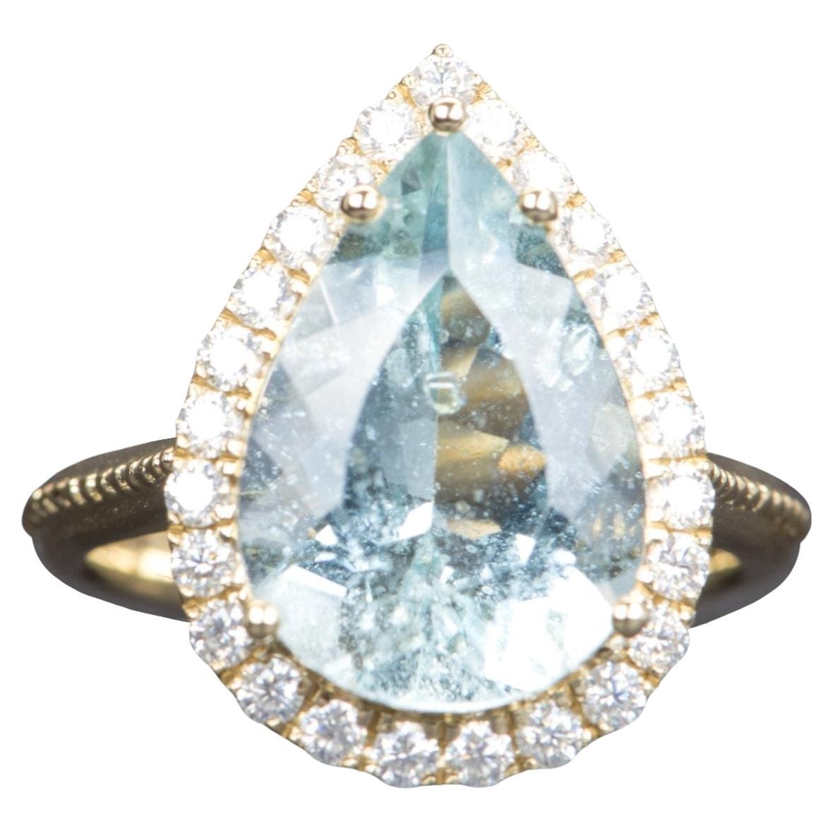 6.48ct Statement Galaxy Aquamarine with Moissanite Halo 9K Gold Ring For Sale