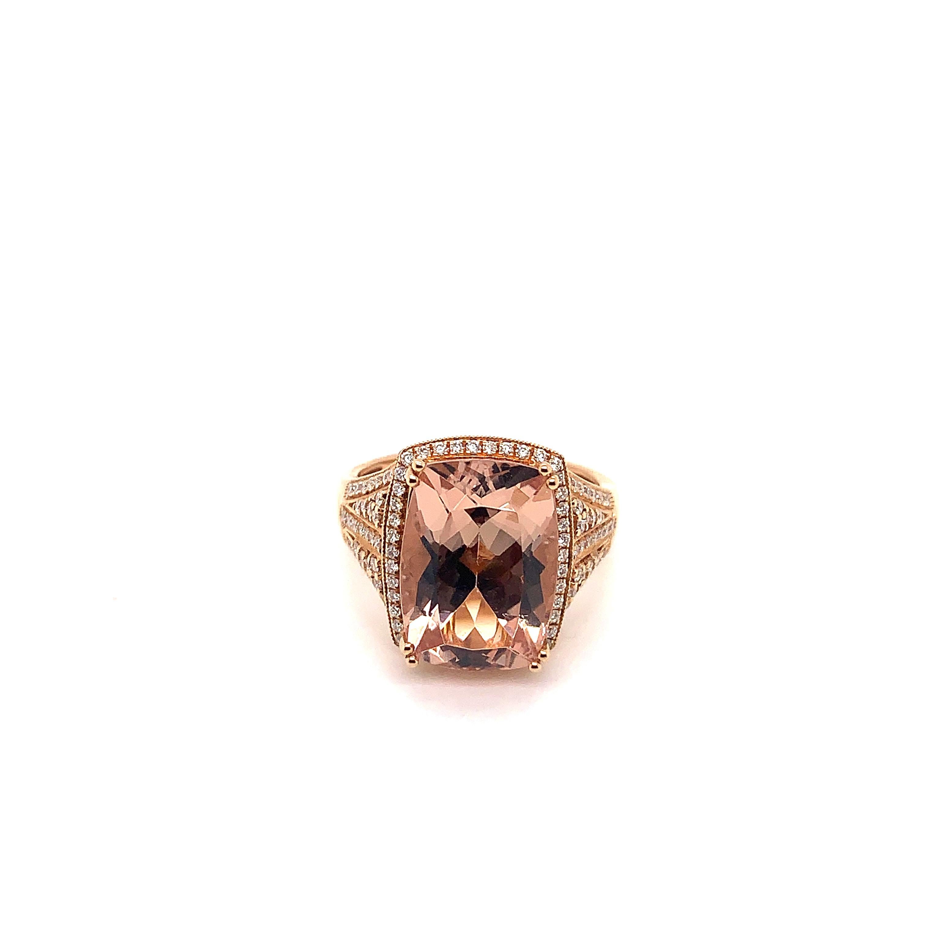 Classic morganite ring in 18K rose gold with diamonds. 

Morganite: 6.49 carat cushion shape.
Diamonds: 0.3702 carat, G colour, VS clarity. 
Gold: 4.988g, 18K rose gold. 