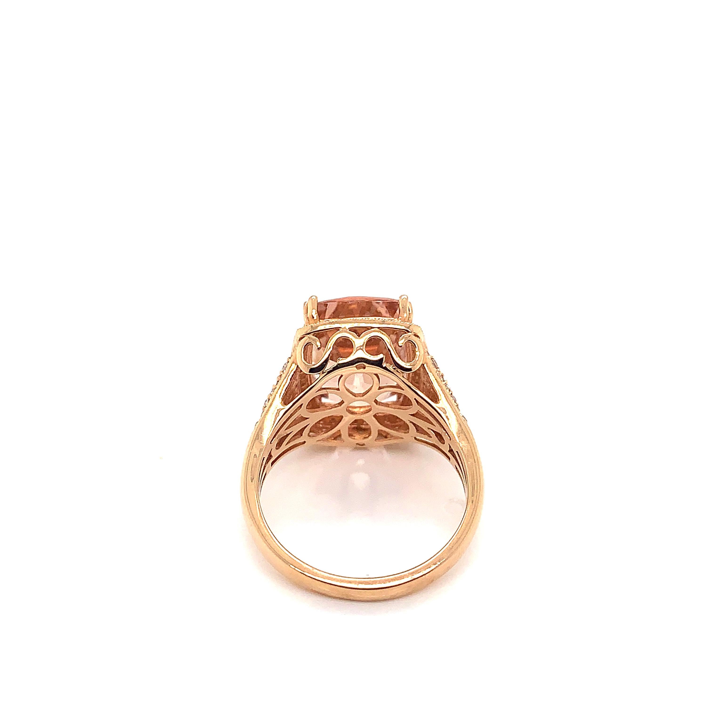 Cushion Cut 6.49 Carat Cushion Shaped Morganite Ring in 18 Karat Rose Gold with Diamonds For Sale