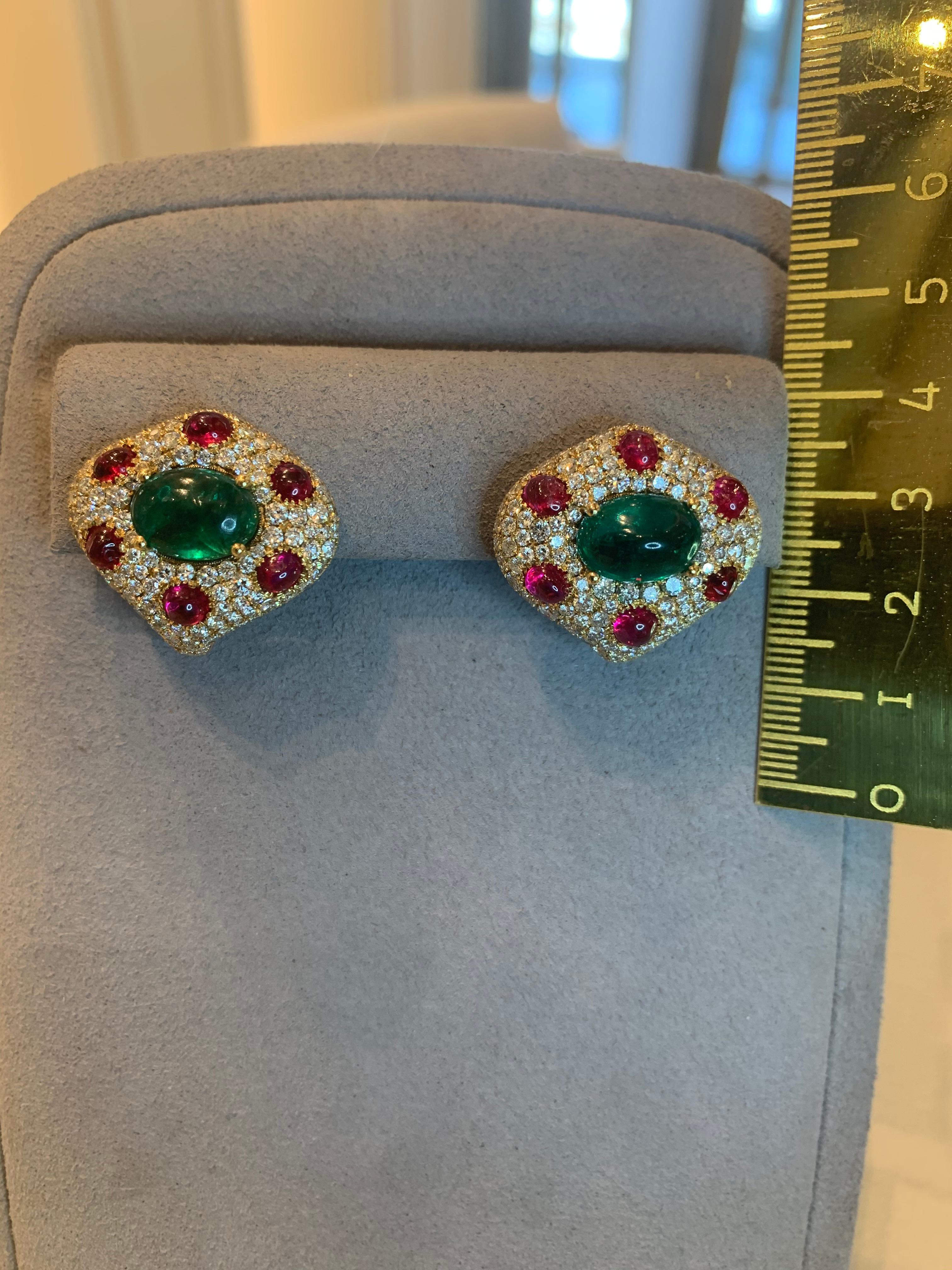 Cabochon 6.49 Carat Emerald, 5.08 Carat Spinel, 4.11 Carat Diamond Unique Earrings For Sale
