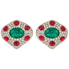 6.49 Carat Emerald, 5.08 Carat Spinel, 4.11 Carat Diamond Unique Earrings