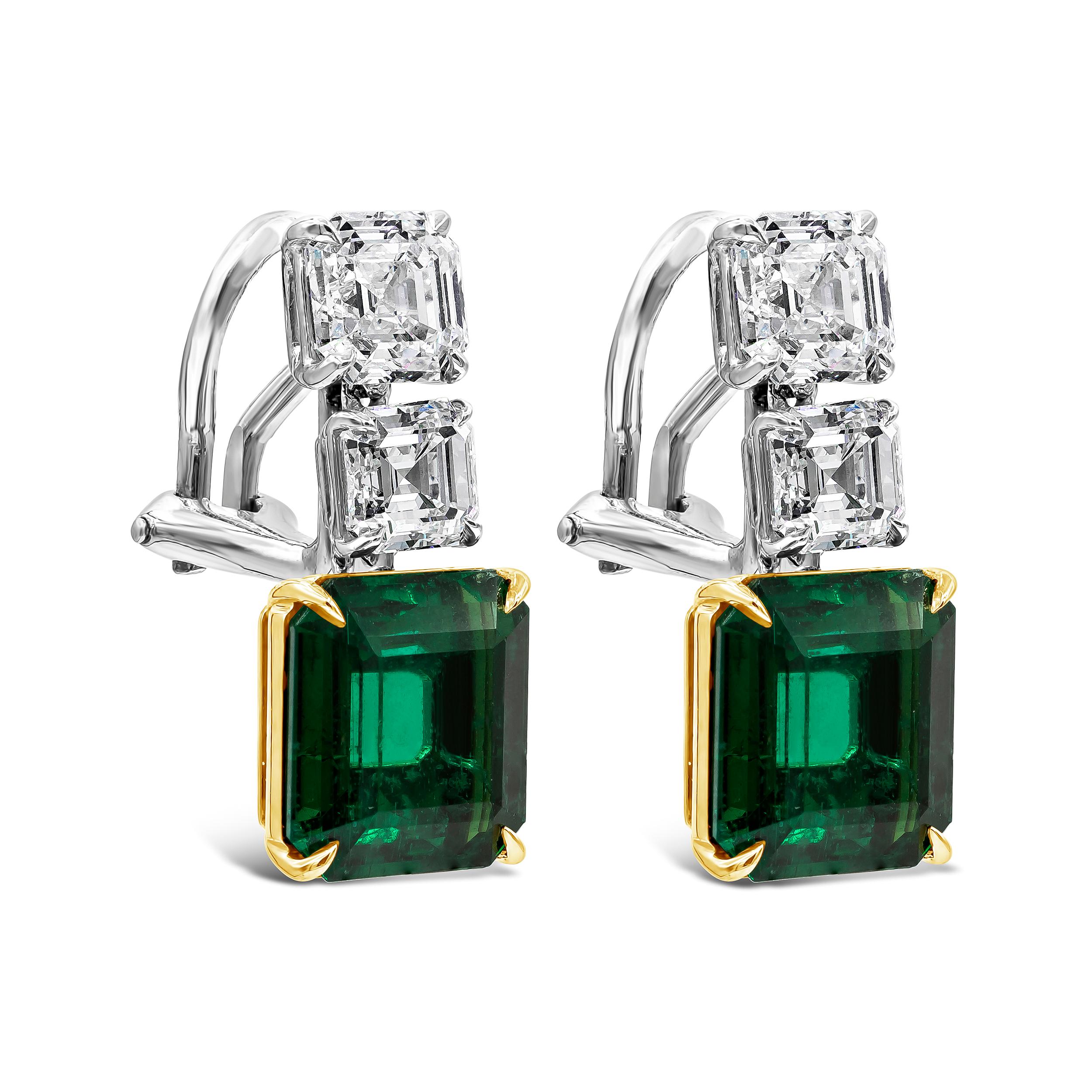 This stunning piece of jewelry features a vibrant step-cut green emeralds weighing 6.49 carats total, accented by four fine quality asscher cut diamonds weighing 3.50 carats total. Diamonds come with a GIA report certifying that the diamonds are E-F