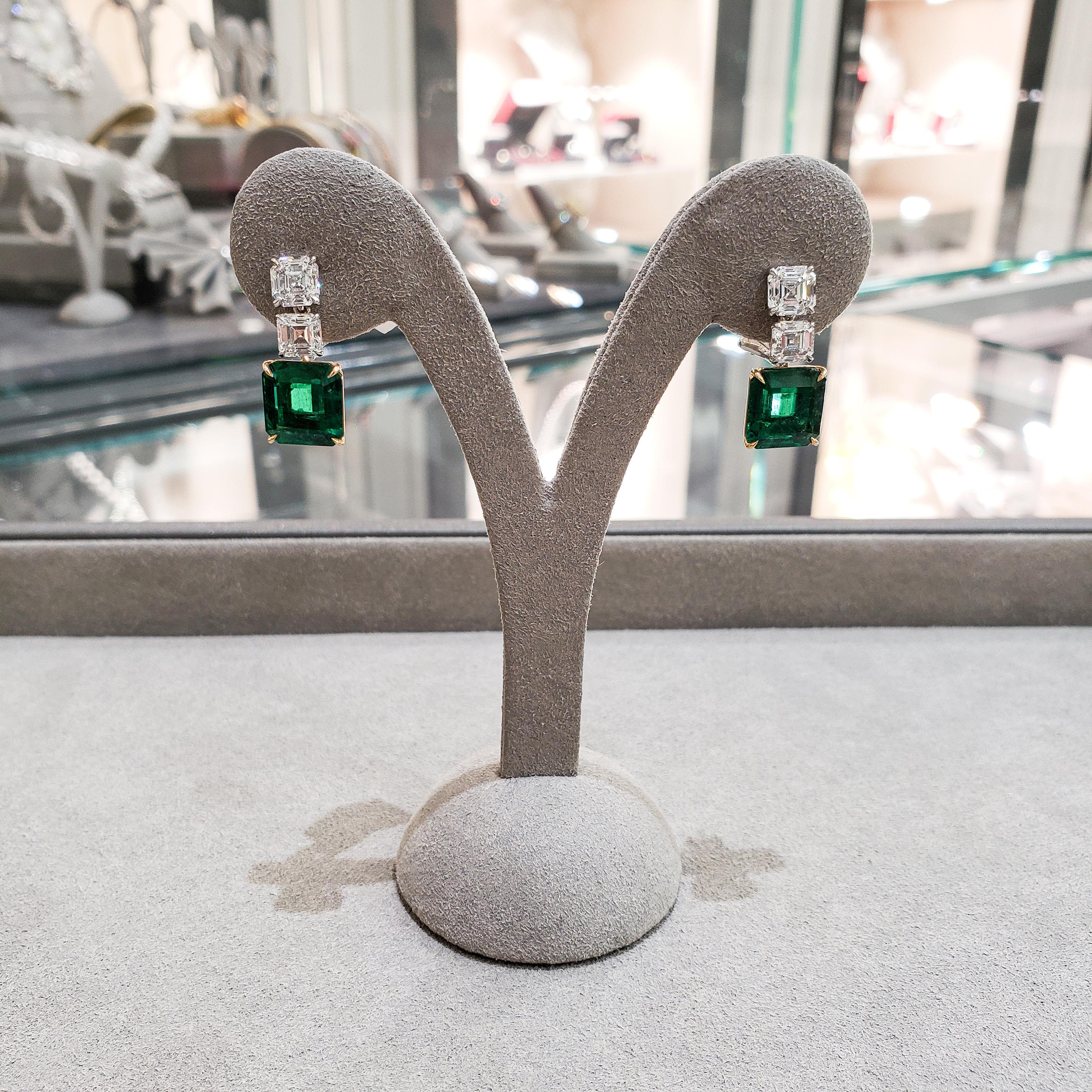 Roman Malakov 6.49 Carats Mixed Cut Green Emerald and Diamond Drop Earrings For Sale 1