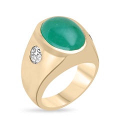 6.49 Carat Emerald Cabochon Features Diamond Accents Three Stone Ring