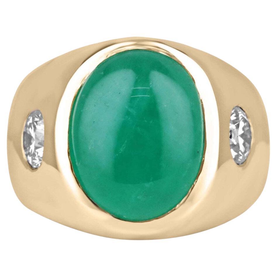 Ring mit 6,49 Karat Smaragd-Cabochon mit Diamant-Akzenten und drei Steinen