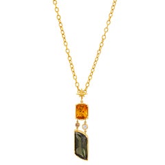 6.49 Carat Fancy Cut Moldavite, Citrine and Diamond Necklace in 18 Karat YG