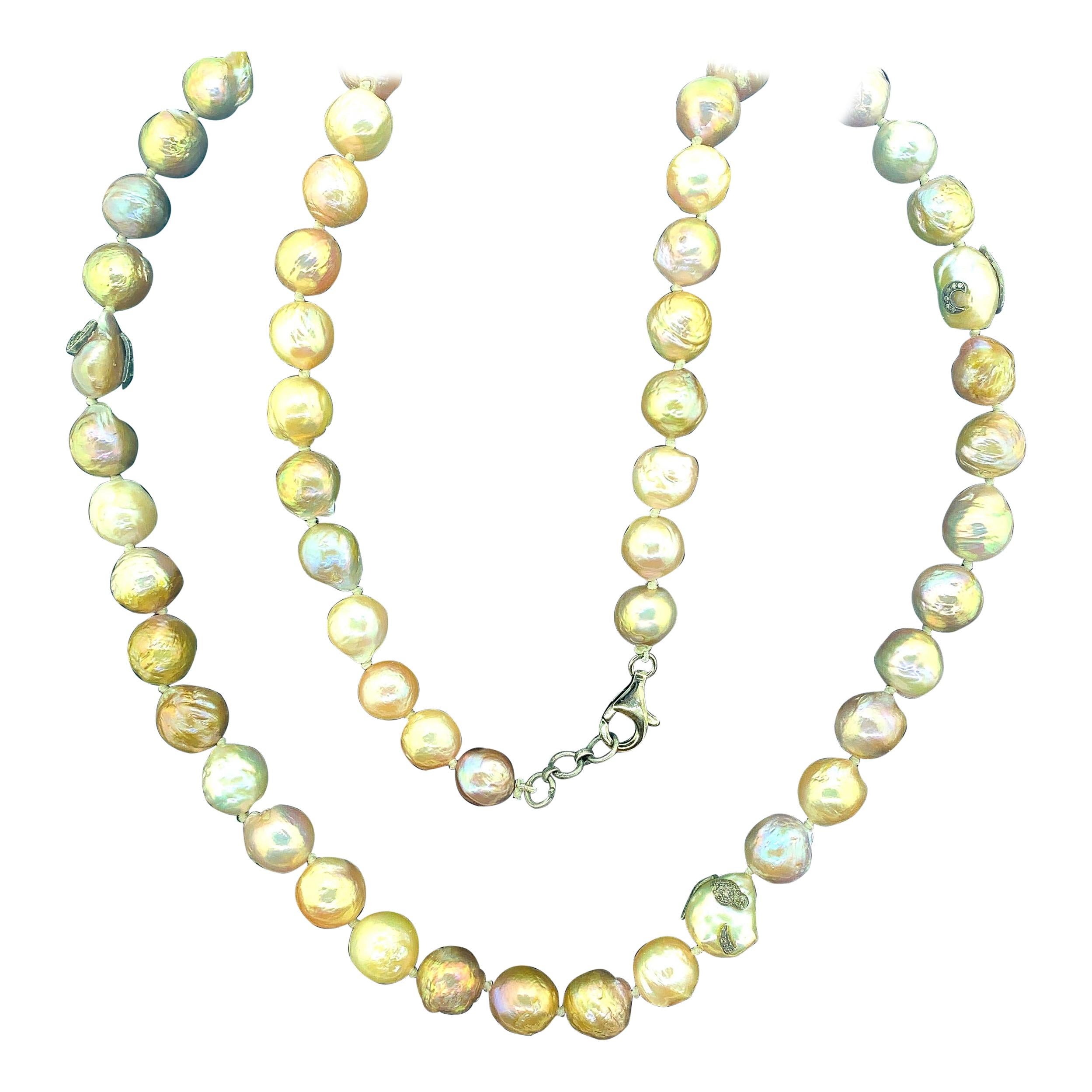 649.50 Carat Freshwater Pearl Necklace Oxidized Sterling Silver with Diamonds For Sale