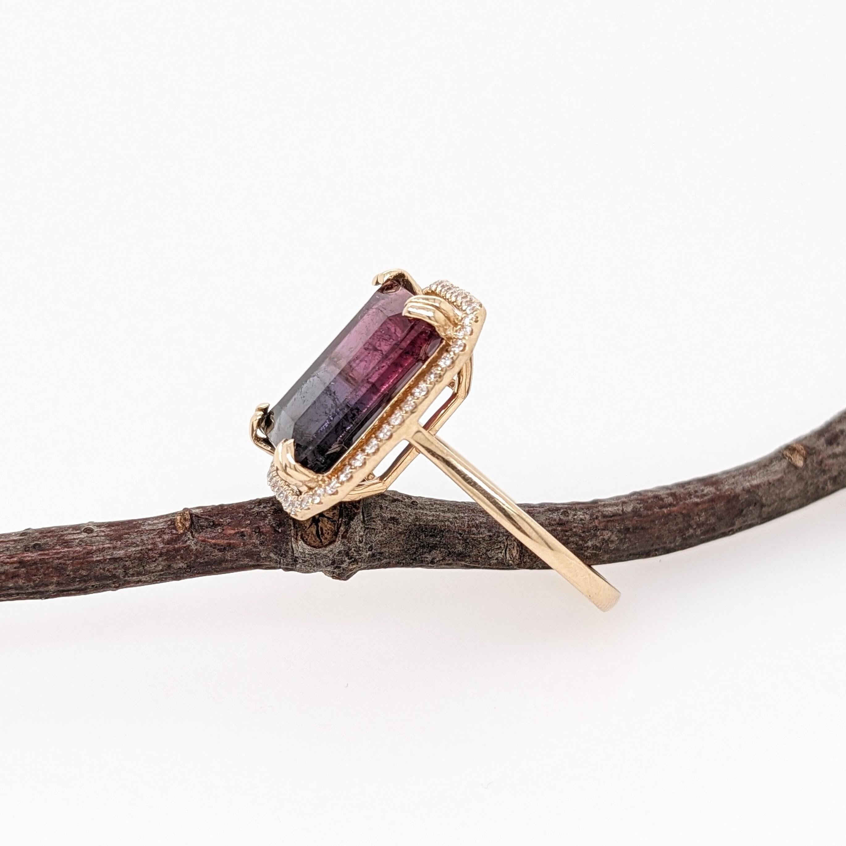 Cette magnifique bague est ornée d'une tourmaline bicolore aux riches couleurs rose/pourpre et noire, mise en valeur par un halo de diamants naturels étincelants. Cette bague est une belle pièce d'apparat ! De plus, cette bague constitue un