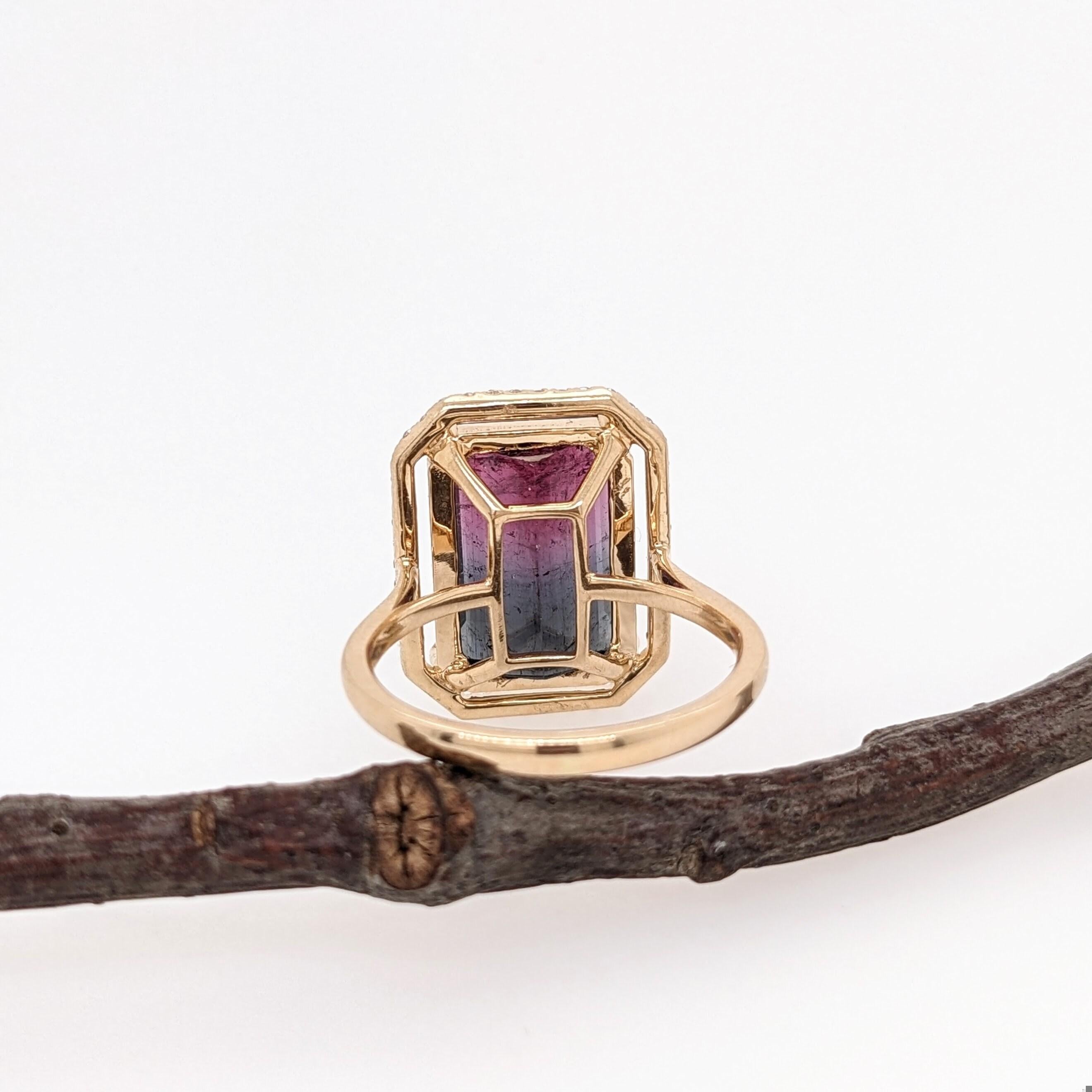 Art déco Bague avec tourmaline bicolore de 6,4 carats et diamants extraits de la terre en or massif 14 carats EM 13x9 mm en vente