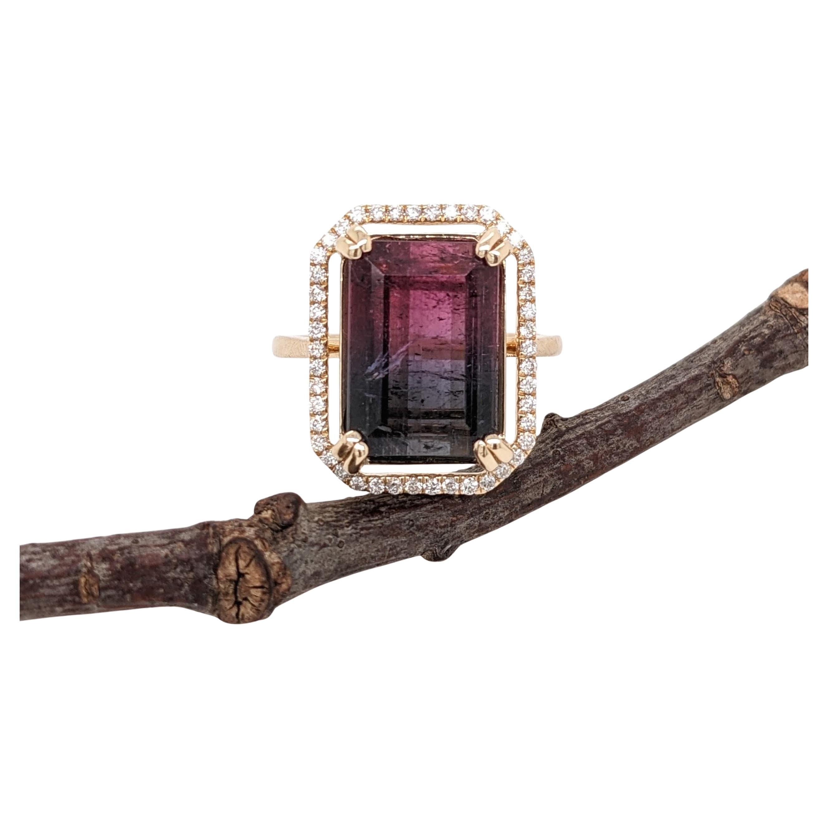 Anello con tormalina bicolore 6,4ct e diamanti estratti dalla terra in oro massiccio 14k EM 13x9mm