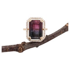 Anello con tormalina bicolore 6,4ct e diamanti estratti dalla terra in oro massiccio 14k EM 13x9mm