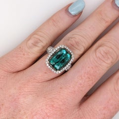 6.4ct Indicolite Tourmaline Ring w Earth Mined Diamonds in Solid 14K White Gold