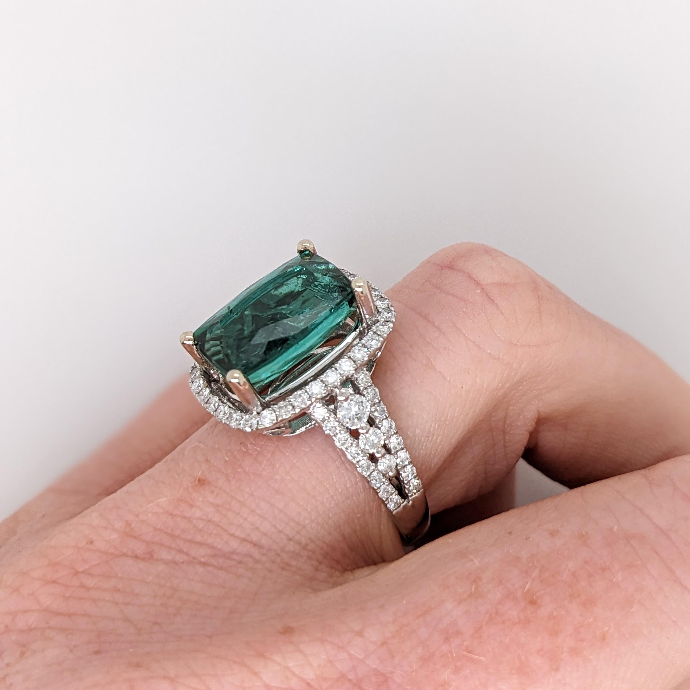 Modern 6.4ct Indicolite Tourmaline Ring w Earth Mined Diamonds in Solid 14K White Gold