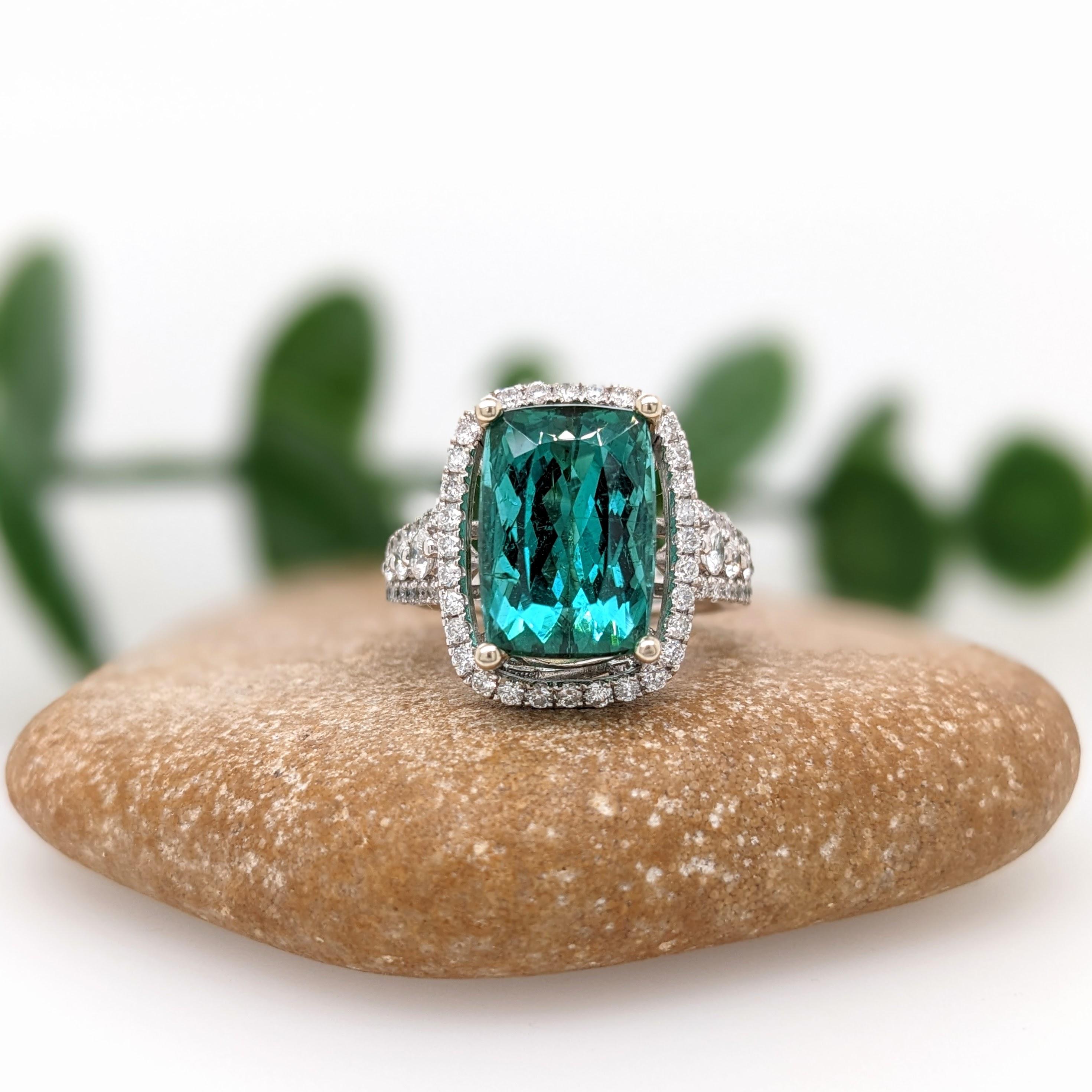 Cushion Cut 6.4ct Indicolite Tourmaline Ring w Earth Mined Diamonds in Solid 14K White Gold