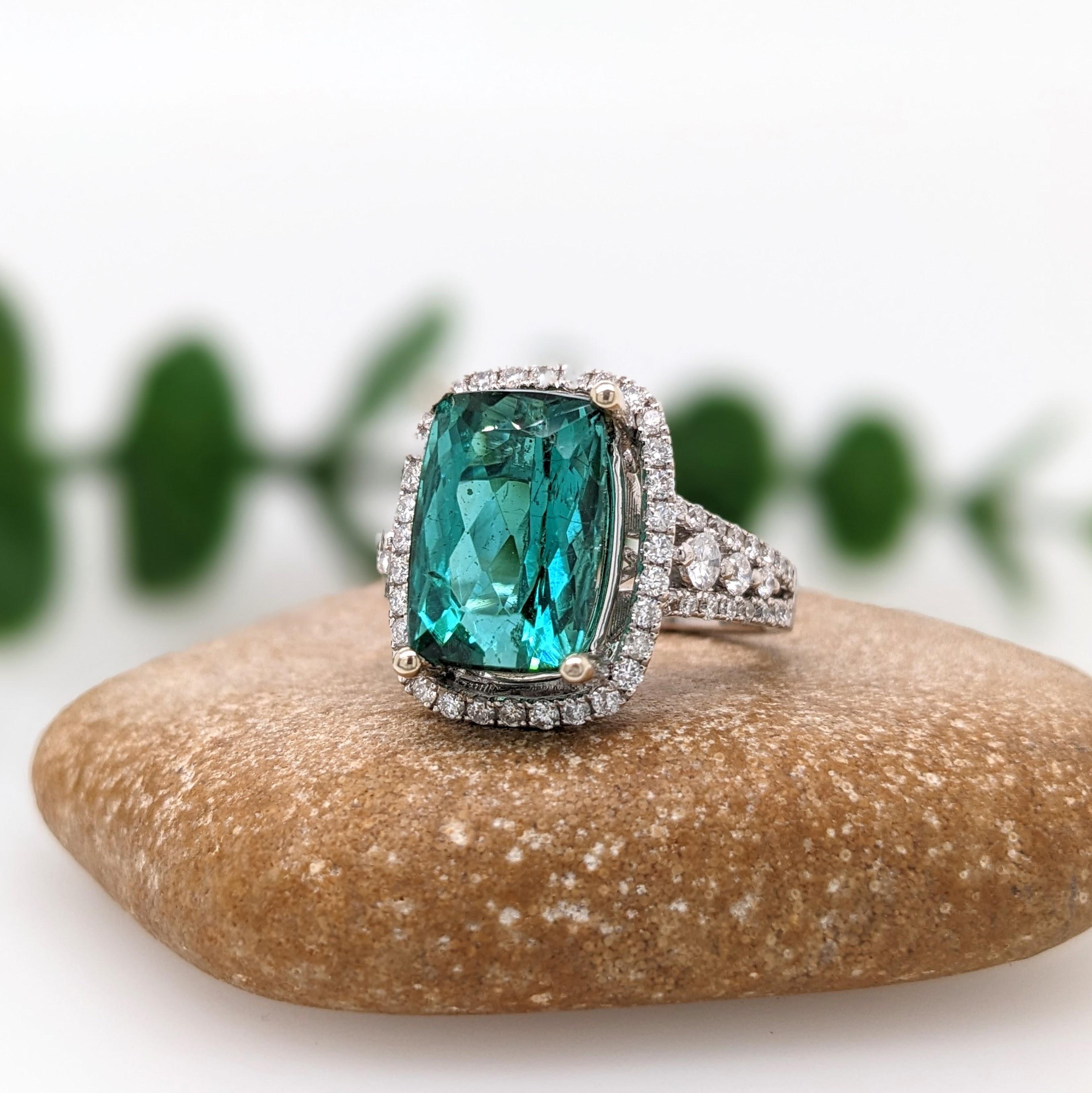 6.4ct Indicolite Tourmaline Ring w Earth Mined Diamonds in Solid 14K White Gold In New Condition In Columbus, OH