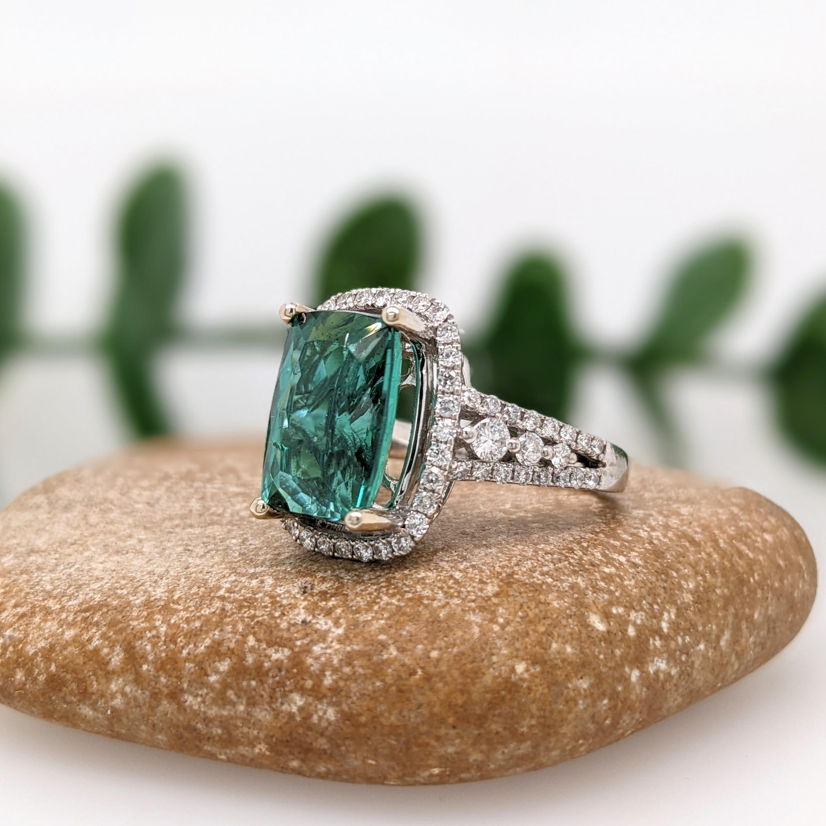 Women's 6.4ct Indicolite Tourmaline Ring w Earth Mined Diamonds in Solid 14K White Gold