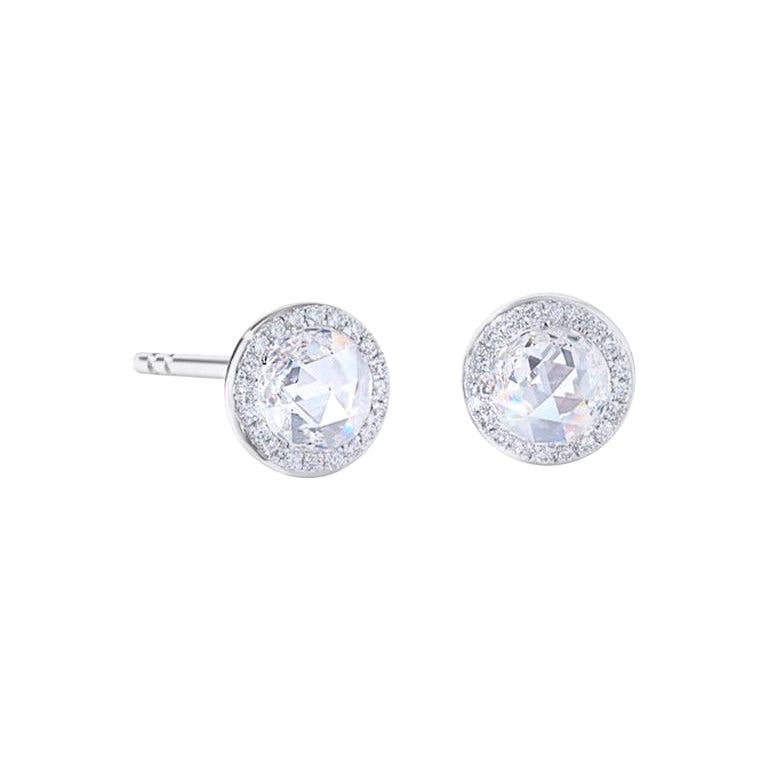 64Facets 0.70 Carat Round Rose Cut Diamond Stud Earrings in 18 Karat White Gold For Sale