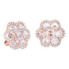 64Facets 1 Carat Flower Shaped Rose Cut Diamond Stud Earrings in 18 Karat Gold