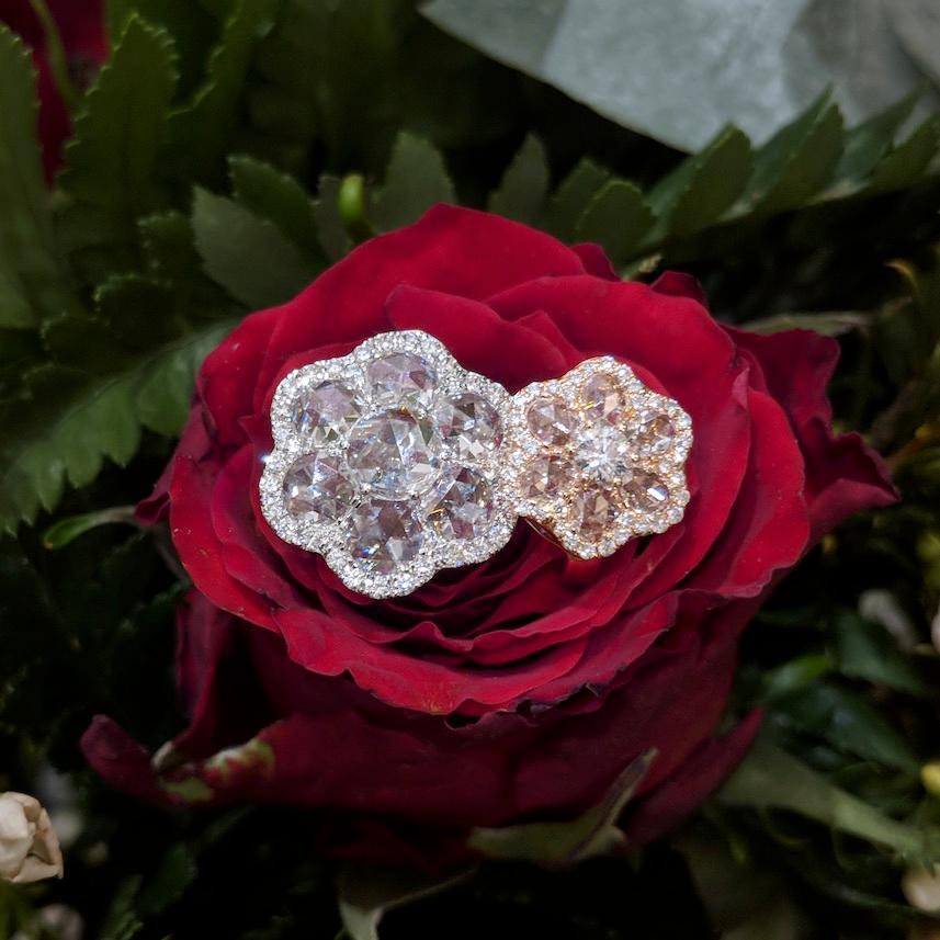 64Facets 1 Carat Flower Shaped Rose Cut Diamond Stud Earrings in White Gold For Sale 3
