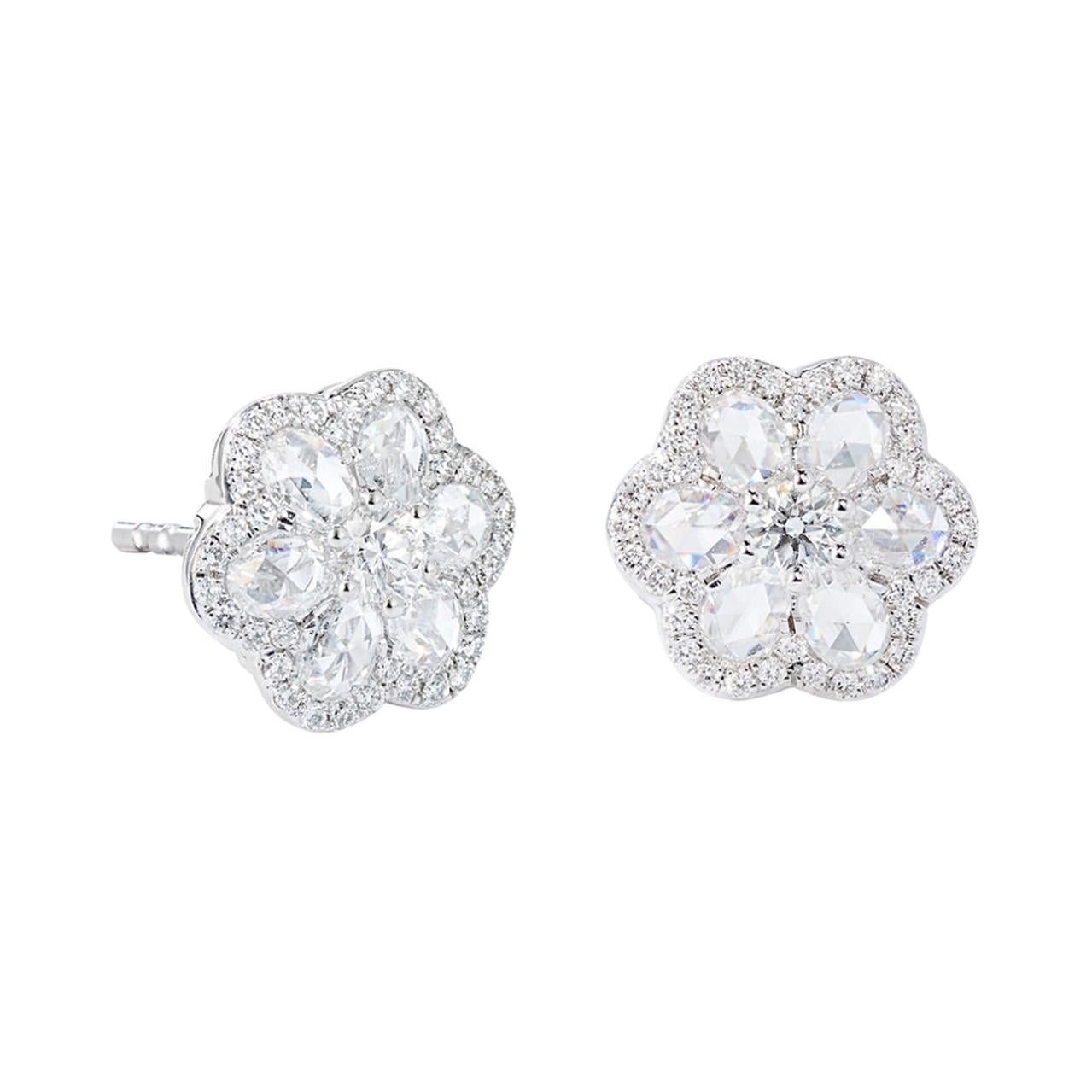 64Facets 1 Carat Flower Shaped Rose Cut Diamond Stud Earrings in White Gold For Sale