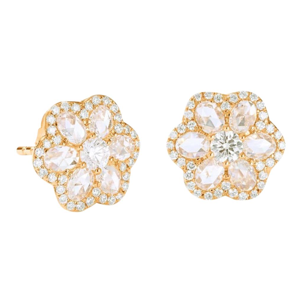 64Facets 1 Carat Flower Shaped Rose Cut Diamond Stud Earrings in Yellow Gold For Sale