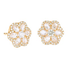 64Facets 1 Carat Flower Shaped Rose Cut Diamond Stud Earrings in Yellow Gold