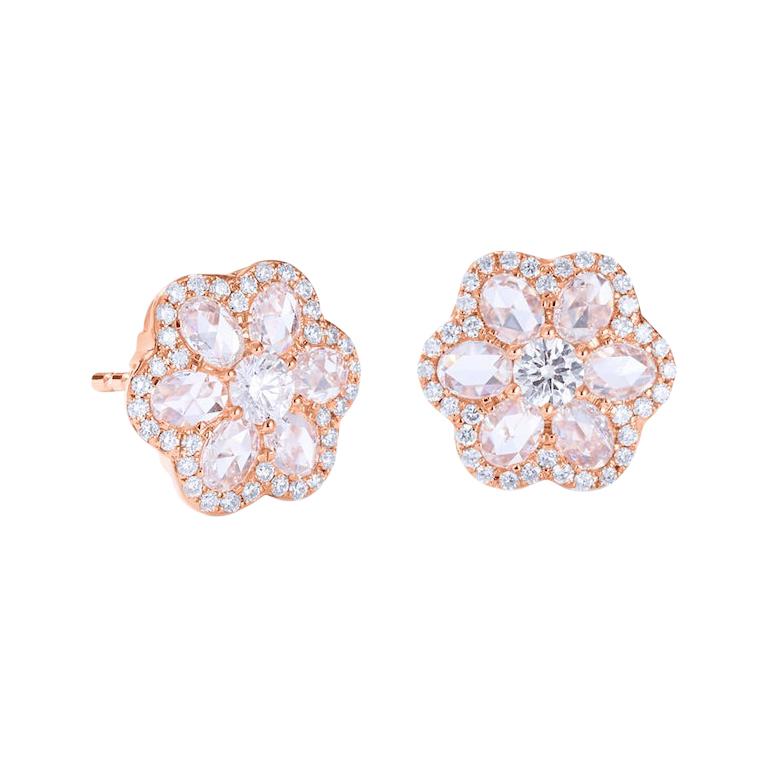 64Facets 1 Carat Rose Cut Diamond Flower Stud Earrings in 18 Karat Gold For Sale
