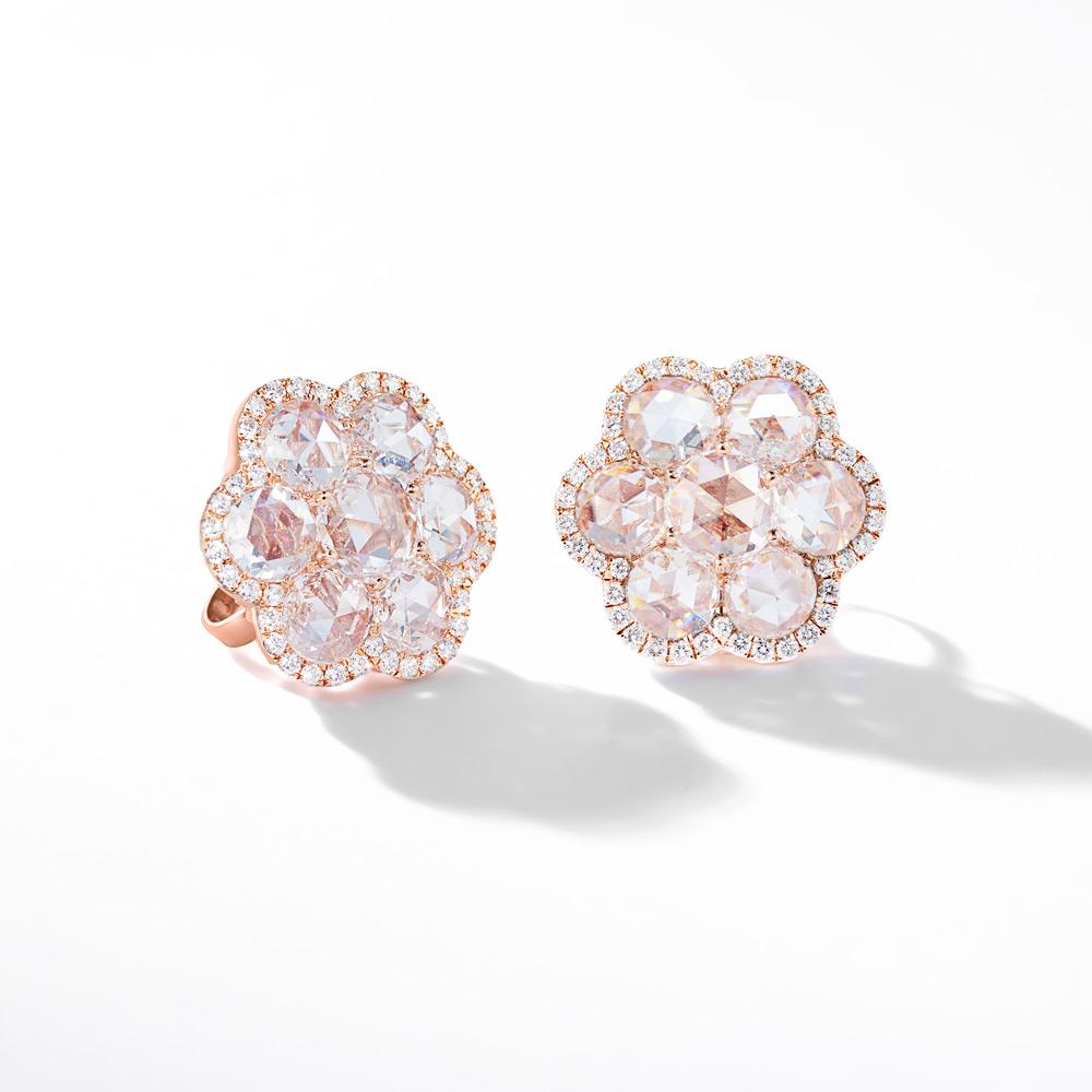 64Facets 1 Carat Rose Cut Diamond Flower Stud Earrings in 18 Karat Gold For Sale 2