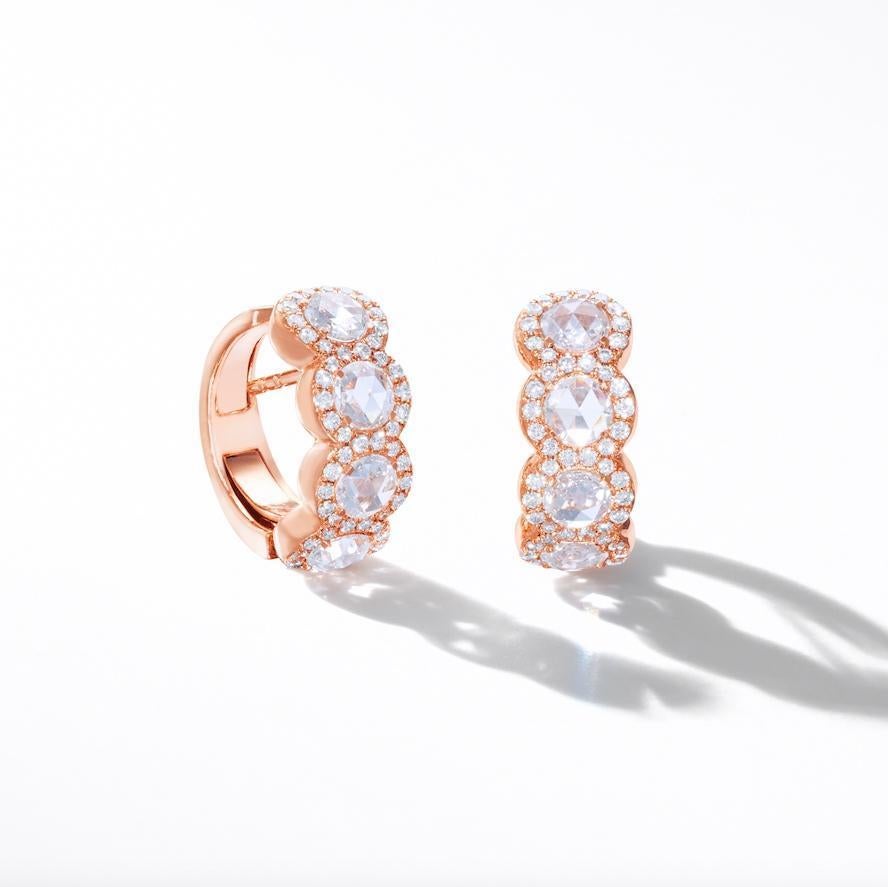 Women's or Men's 64 Facets 1.10 Carat Scallop Rose Cut Diamond Huggie Earrings in White Gold For Sale