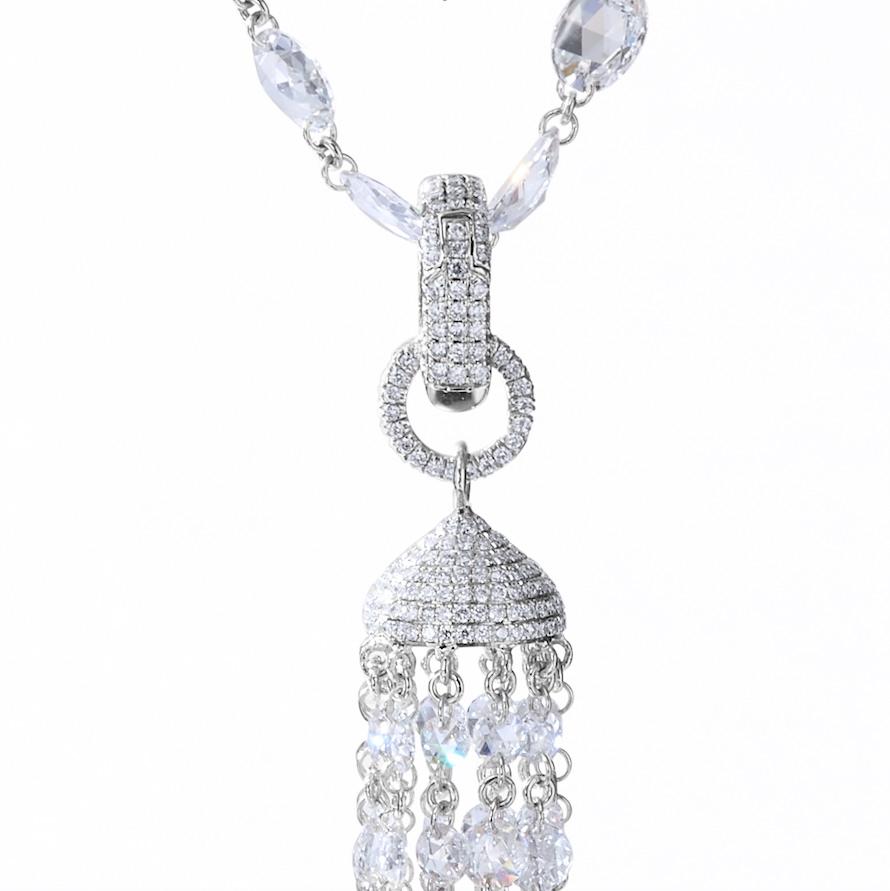 Rose Cut 64Facets 14 Carat Diamond Tassel Pendant for Necklaces in White Gold For Sale