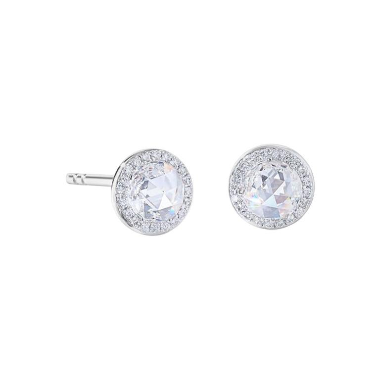 64Facets 1.40 Carat Round Rose Cut Diamond Stud Earrings in 18 Karat White Gold For Sale