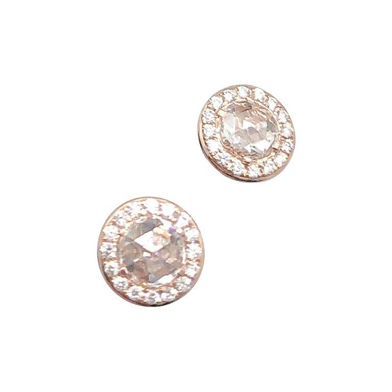 64Facets Round Rose Cut Diamond Stud Earrings in 18 Karat Rose Gold For Sale