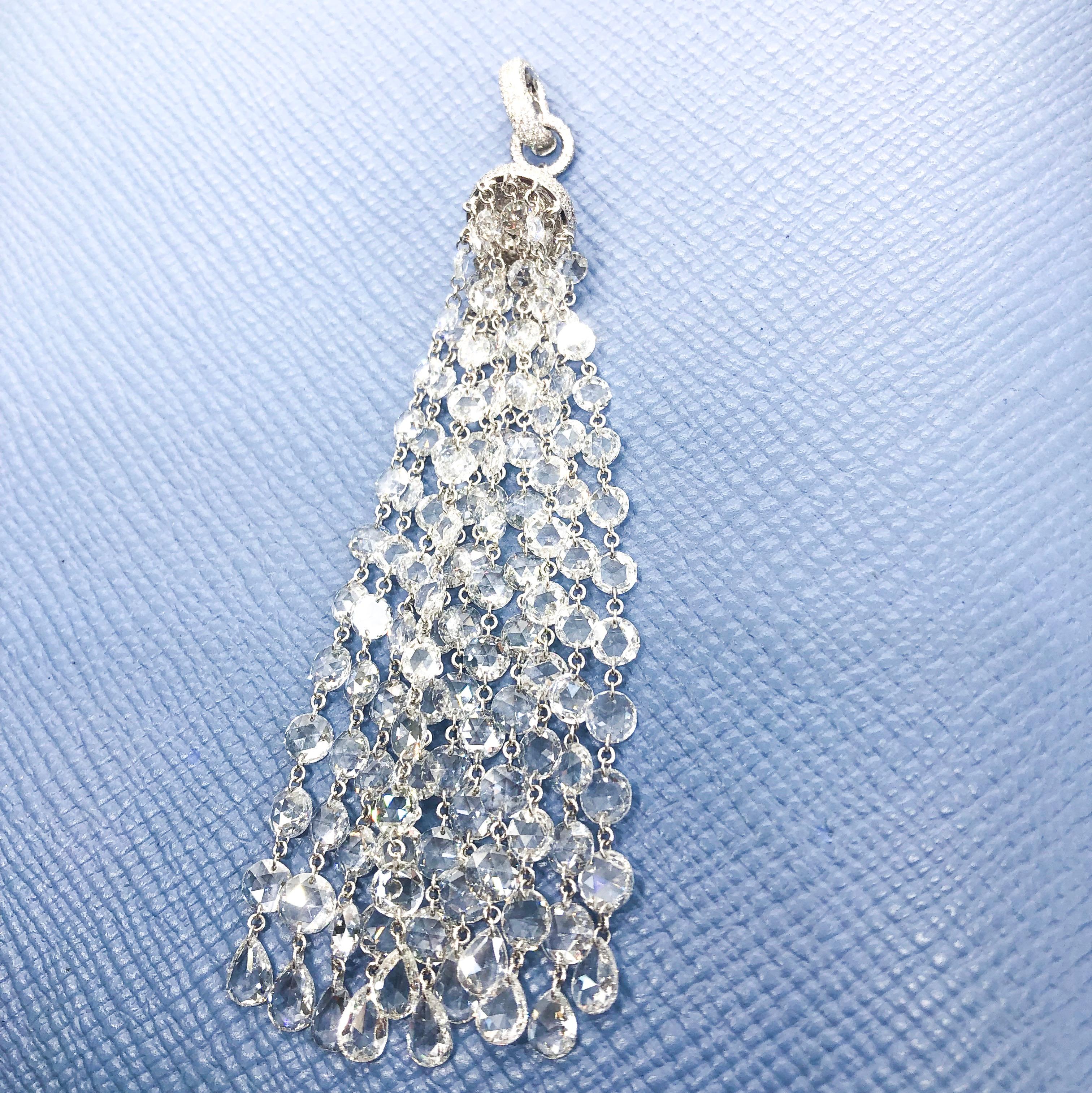 64 Facets 20 Carat Rose Cut Diamond Tassel Chandelier Earrings in White Gold For Sale 3