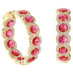 64Facets 2.30 Carat Ruby and Diamond Hoop Earrings in 18 Karat Yellow Gold