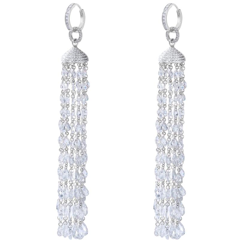 64Facets 28 Carat Rose Cut Diamond Tassel Chandelier Earrings in White Gold For Sale