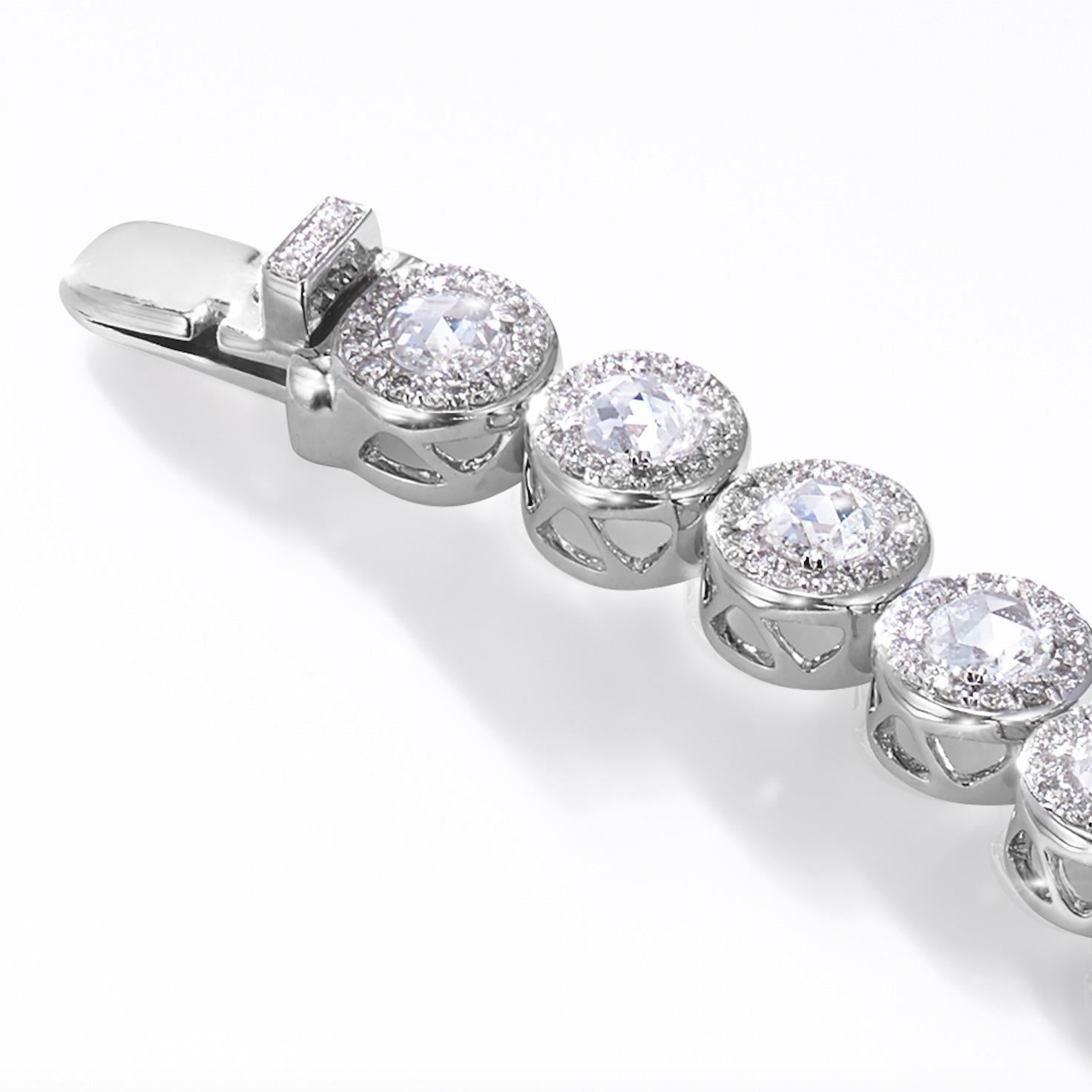 64Facets 2.90 Carat Tennis Bracelet Rose Cut Diamonds in 18 Karat White Gold For Sale 4