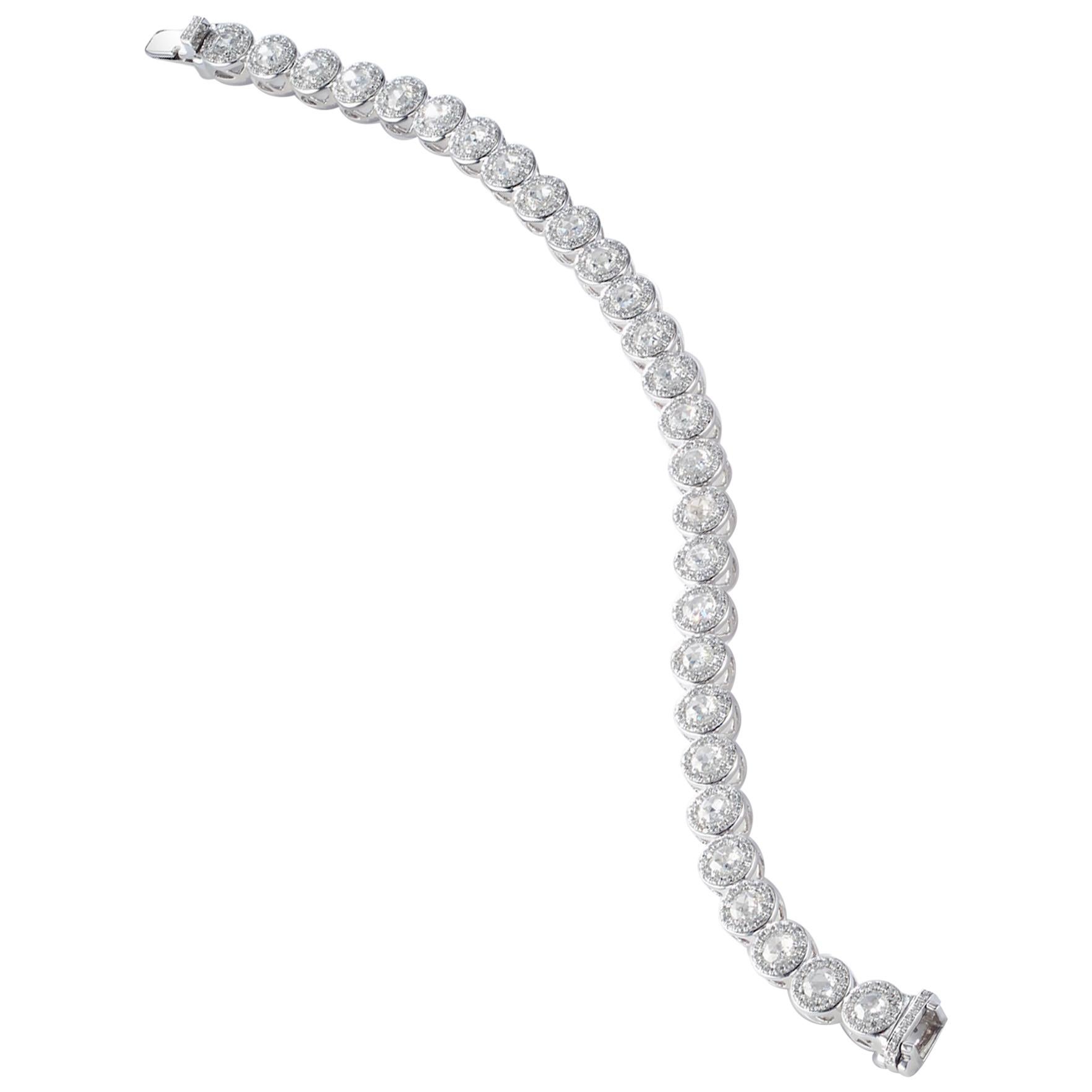 64Facets 2.90 Carat Tennis Bracelet Rose Cut Diamonds in 18 Karat White Gold For Sale