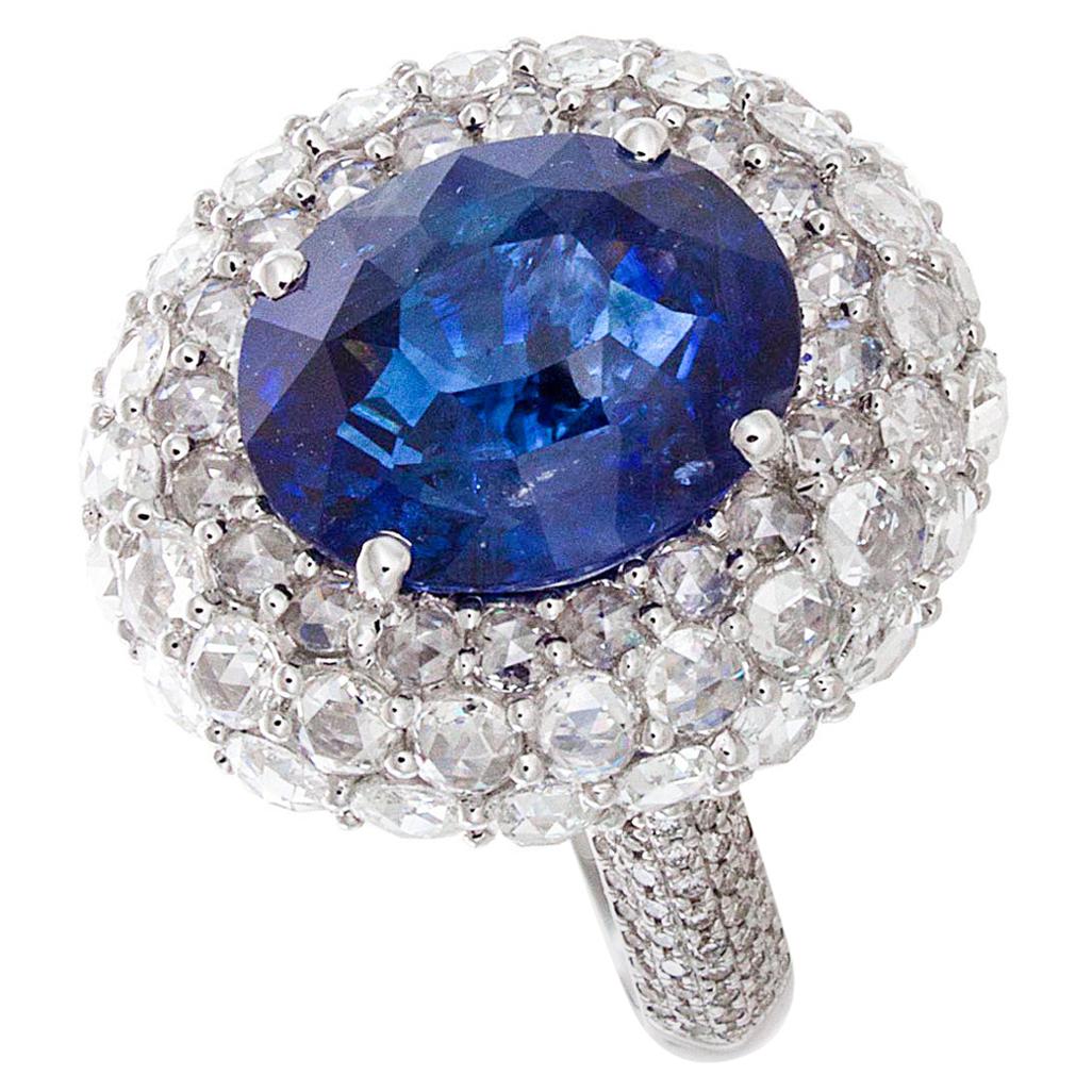 64Facets 7.94 Carat Unheated Burmese Blue Sapphire Diamond Ring in White Gold For Sale