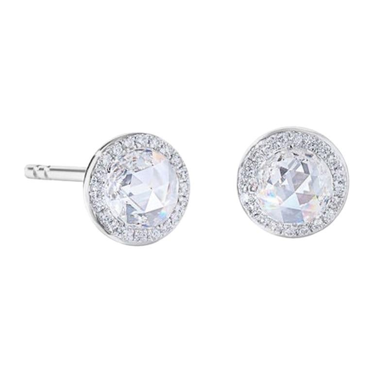 64Facets Carat Round Rose Cut Diamond Stud Earrings in 18 Karat White Gold For Sale