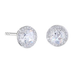 64Facets Carat Round Rose Cut Diamond Stud Earrings in 18 Karat White Gold