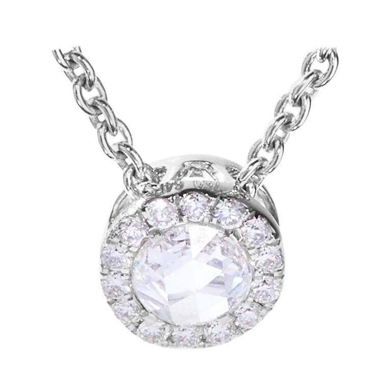 64Facets Diamond Drop Pendant, Rose Cut Diamond with Pave Accent in White Gold For Sale