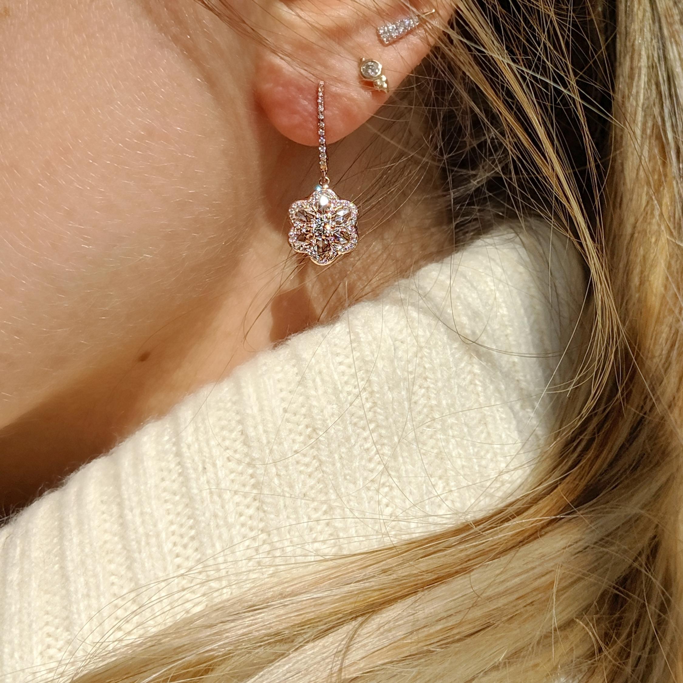 Contemporary 64 Facets Diamond Floral Drop Earrings 1 Carat Rose Cut Diamonds in White Gold For Sale