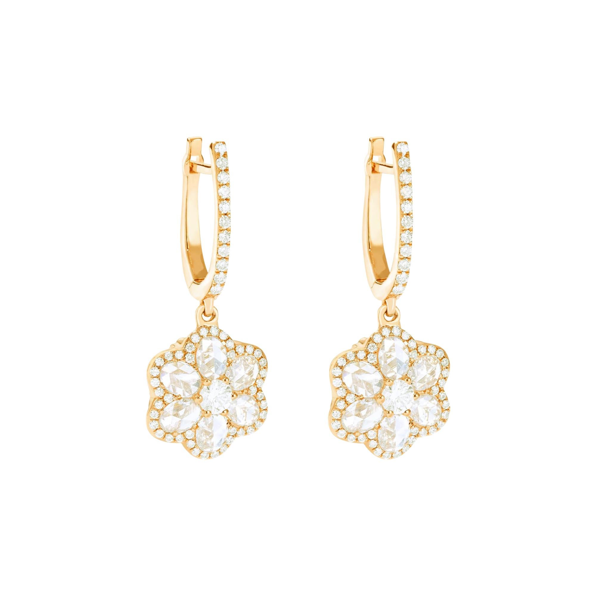 64Facets Diamond Floral Drop Earrings 1 Carat Rose Cut Diamonds in Yellow Gold For Sale