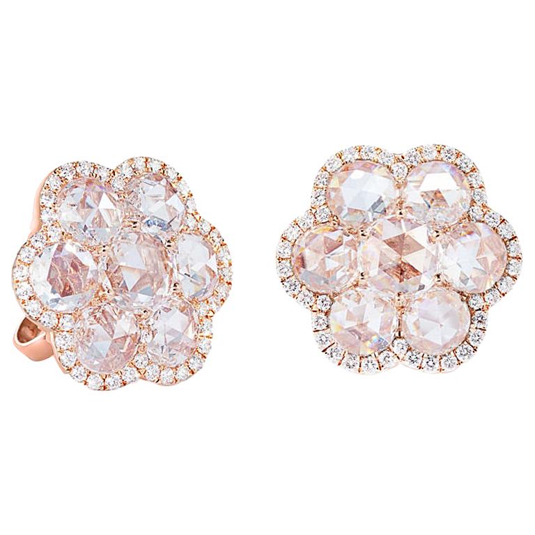 64Facets Diamond Flower Stud Earrings with Rose Cut Diamonds and 18 Karat Gold For Sale