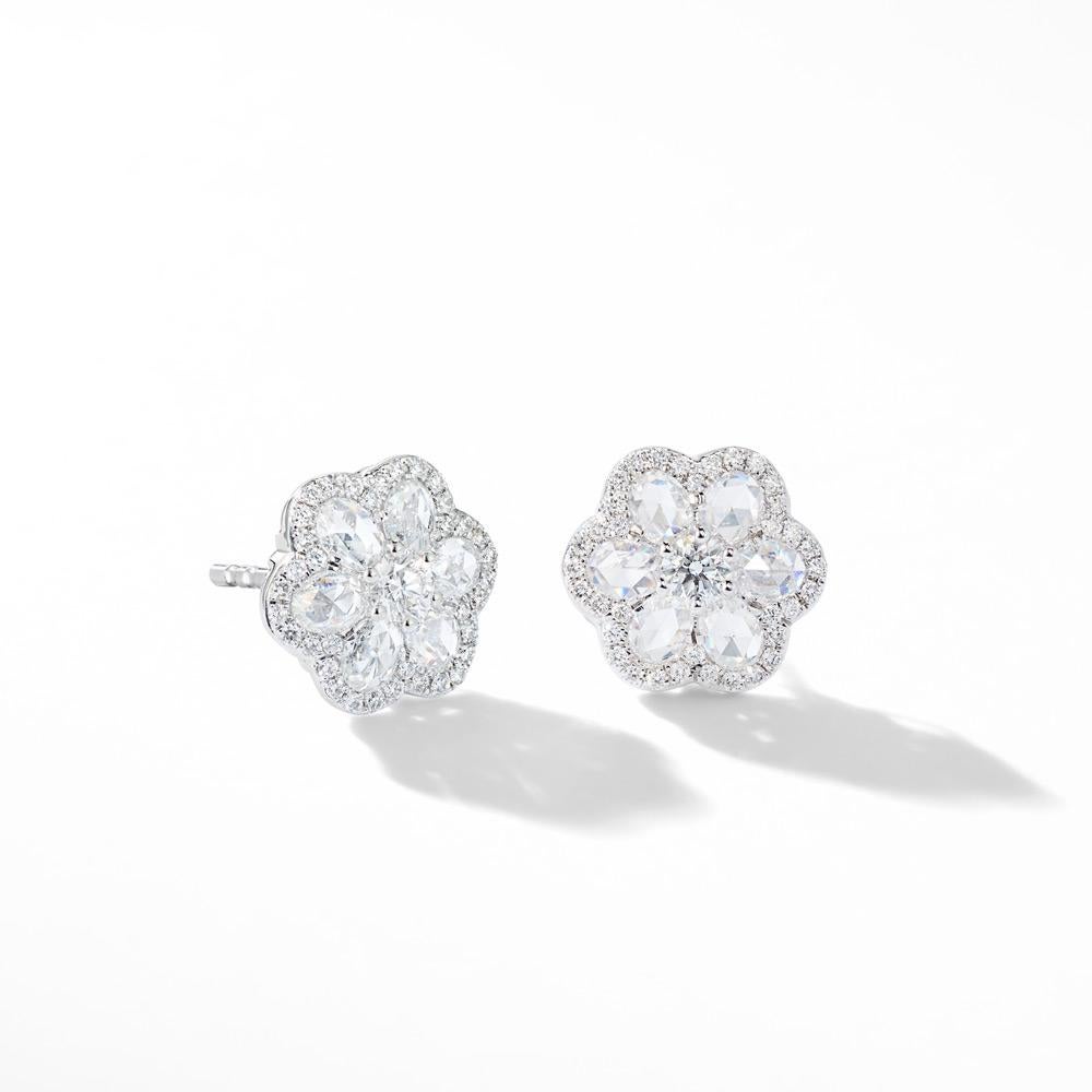 64Facets Diamond Flower Stud Earrings with Rose Cut Diamonds and 18 Karat Gold For Sale 5