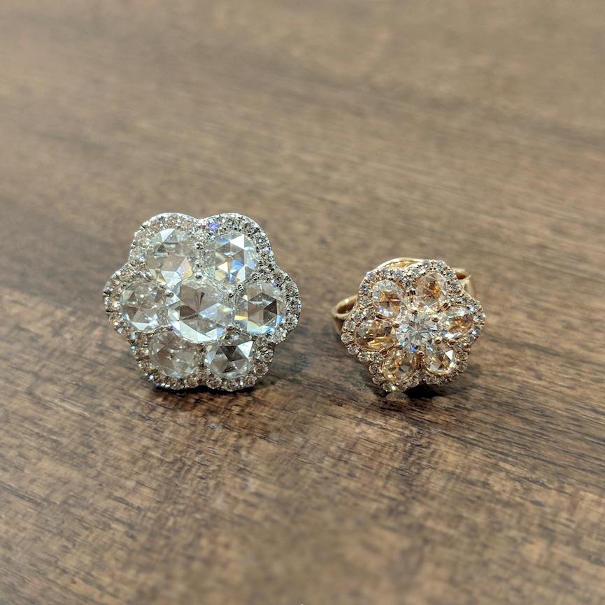 64Facets Diamond Flower Stud Earrings with Rose Cut Diamonds and 18 Karat Gold For Sale 9