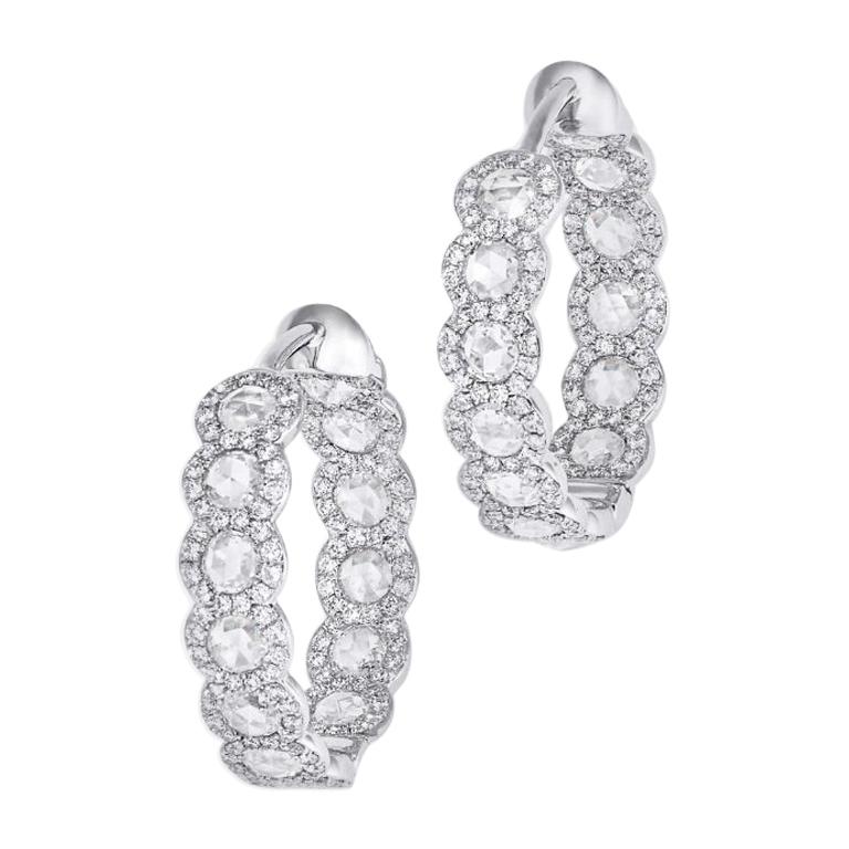 64Facets Diamond Hoop Earrings, 2.75 Carat Rose Cut Diamonds in 18K White Gold For Sale